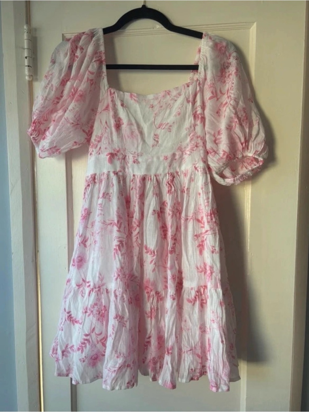 Altar'd State White Dress with Pink Floral Print and Puff Sleeves